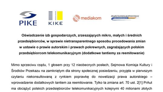 Zagrożenia dla Polskich Przedsiębiorców Telekomunikacyjnych wynikające z Nowelizacji Prawa Autorskiego